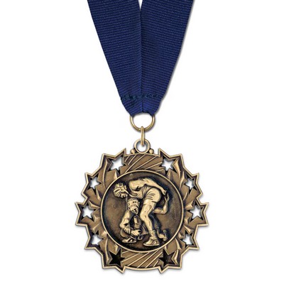 2 1/4" Wrestling TS Medal w/ Grosgrain Neck Ribbon