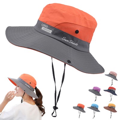 Ponytail Sun Bucket Hat Wide Brim UPF 50+