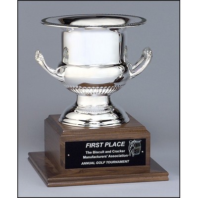 Silver-Plated Stainless Steel Wine Cooler Trophy Cup w/Solid Walnut Base