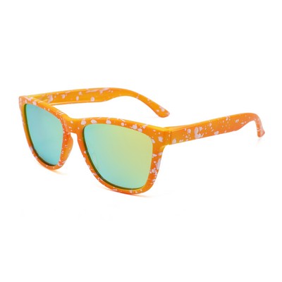 Sunglasses - Gold Mirror Lenses - Orange Paint Splatter Frames