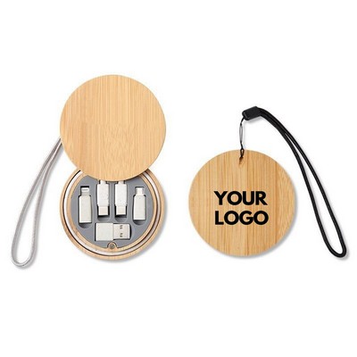3 In 1 Eco Friendly Round Bamboo Multi Charging Adapter Cable Kit MOQ20PCS