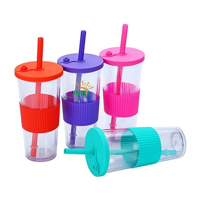 Double Wall Plastic Cup Secure Lid Convenient Straw Drinking