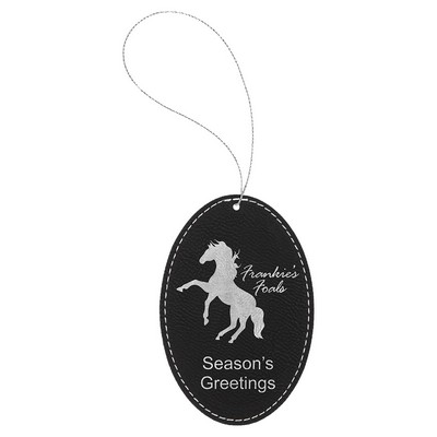 Black & Silver Laserable Leatherette Oval Ornament w/Silver String