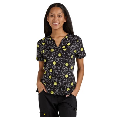 koi - Smiley World - Women's Printed Split-Neck Amazed Top