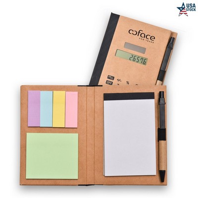 Eco-Friendly Recycled Solar Calculator Set with Pen, Notepad, Sticky Notes, and Flags – Customizabl