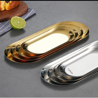 Medium Silvery 430 Stainless Steel Oval Plate, Used As A Sausage Plate, A Snack And French Fries