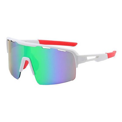 Goggle Sunglasses - Green Mirror Lenses - White and Red Frames