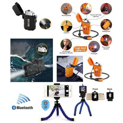 Promotek USB Rechargeable Flameless Lighter + Selfie Tripod + Bluetooth Remote (Blue)