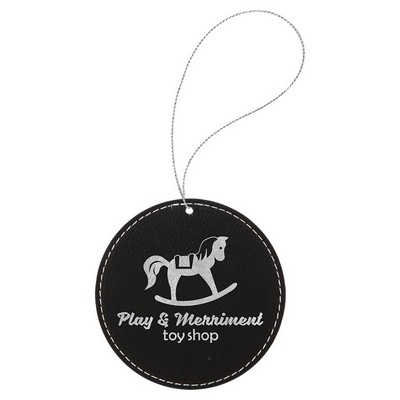 Black/Silver Leatherette Round Ornament with Silver String