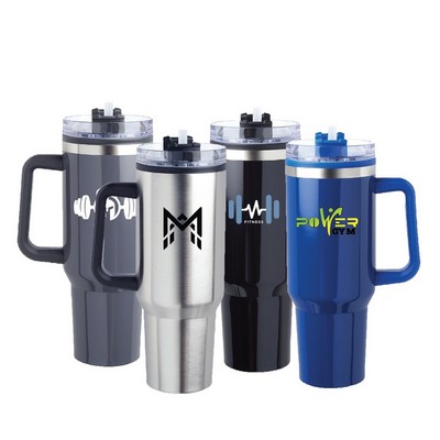 Stainless Steel Travel Mug with Easy Grip Handle, Lid, and Straw, 40 oz.