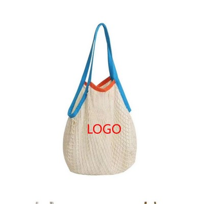 Handheld Woven Cotton Mesh Bag W/Colorful Lining