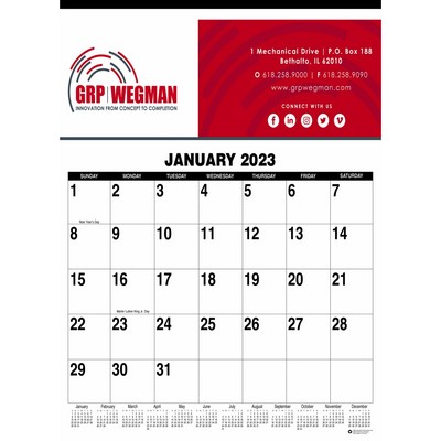 Monthly Wall Calendar Tinned at Top w/Non Ruled Blocks (19"x26")