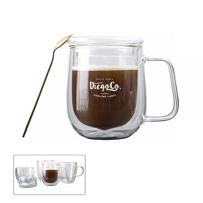 Double Layer Glass Coffee Mug W/Lid & Handle
