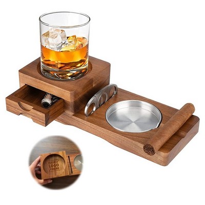 Wooden Cigar Ashtray Whiskey Glass Tray W/ Cutter