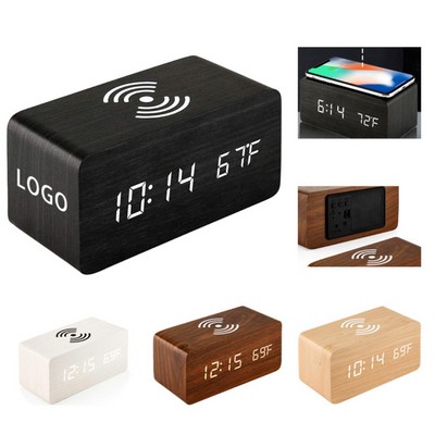 Wooden Led Alarm Clock W/ Wireless Charger